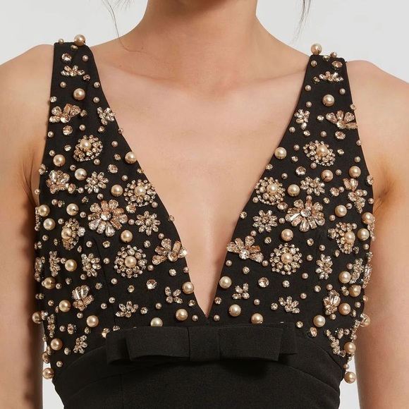 MAC DUGGAL Black Crepe Sleeveless Beaded Crystal Pearls V Neck Gown Bow NWT $458 - Picture 3 of 15